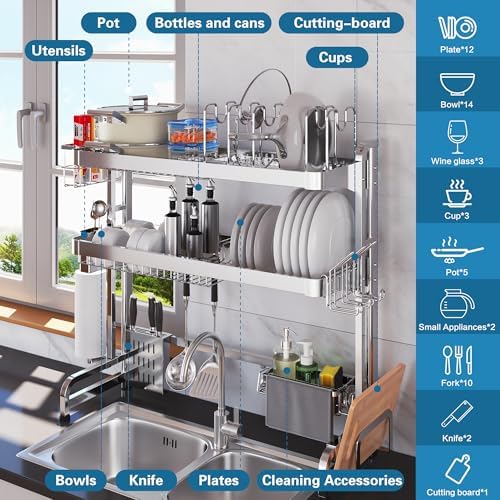 Over The Sink Dish Drying Rack,3 Tier Adjustable Length Full Stainless Steel Large Storage Kitchen Dish Rack,for Kitchen Counter Expandable Multifunctional Organizers,Silver (25.98-37.6")