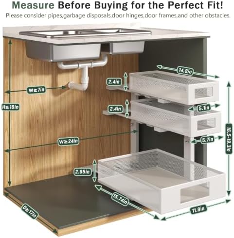 3-Tier Pull Out Under Sink Organizer,2-Pack Heavy Duty Metal Cabinet Organizer Shelf with Suction Cups,5-Level Adjustable Height,L-Shaped Storage Drawer Rack for Kitchen,Bathroom,Laundry,Pantry-White