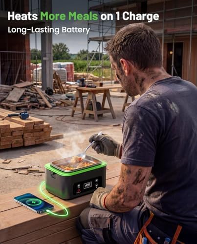 Heated Lunch Box, 100W Cordless Electric LunchBox with Scheduled Heating and Leakproof 1.2L Battery Operated Food Warmer for Car Travel Jobsite, Portable for Truck Drivers Workers Adults