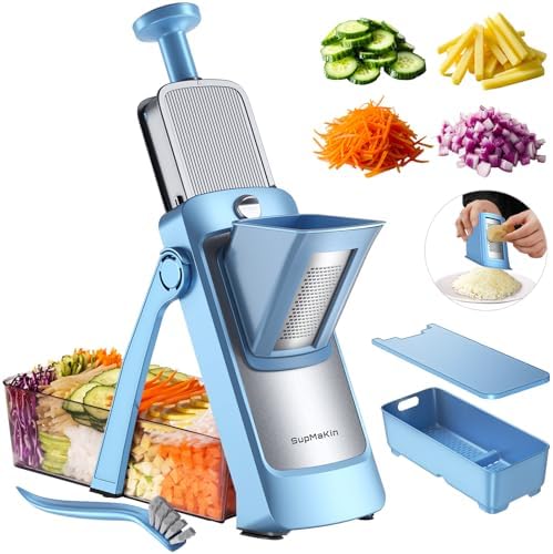 SupMaKin Upgrade Safe Mandoline Slicer,Multi Vegetable Chopper,Potato Slicer, Onion Chopper with Drain Basket Storage Container, Cheese Grater Kitchen Chopping Artifact (BlueGray) by SafeMandolineSlicerChopper