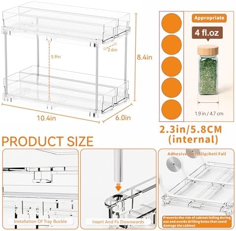 2 Tier Sliding Spice Racks for Cabinets,2 Pack 10.4'' Deep Narrow Vertical Spice Rack Pull Out for Inside Cabinets,Kitchen,Pantry,Cupboard Seasoning,Jar Organizer and Medicine Cabinet Storage