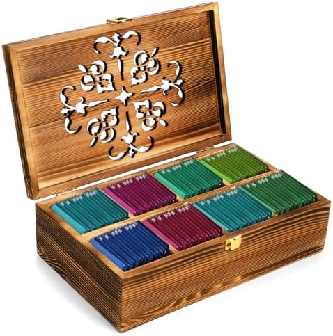 Wooden Tea Bag Storage Box with Carved Lid, 8-Compartment Tea Chest Organizer Spice Packets Container for Living Room, Kitchen, Office, Home Decor
