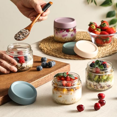 6-pack 8oz Glass jars with Airtight Lids, Overnight Oats Containers with Lids, Wide mouth Mason Salad jars, Glass Food Storage Containers for Snacks Yogurt Spice Sugar