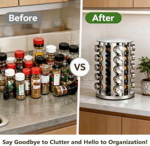 Revolving Spice Rack with 20 Jars,Spice Rack Organizer With labels funnel