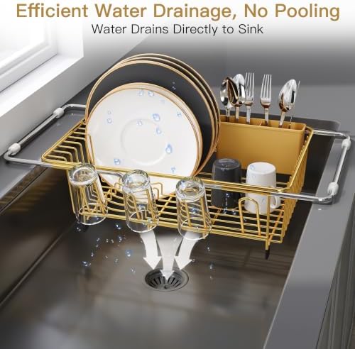 Gold Dish Drying Rack in Sink, Dish Drainer with Utensil Holder