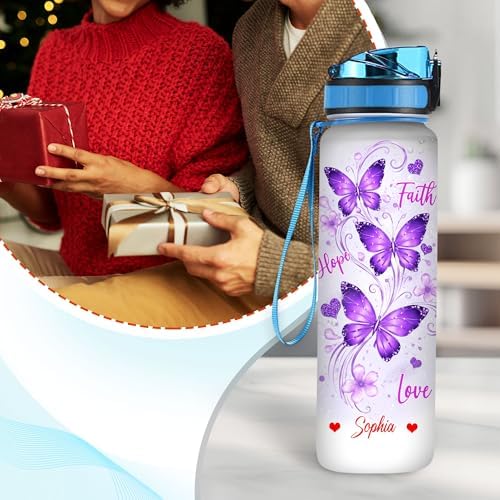 Personalized Purple Butterfly Water Bottle - 32oz Motivational Water Bottle with Leak-Proof Lid & Time Marker - Custom Name Gift for Butterfly Christ Lovers Women - Birthday & Christmas Gift