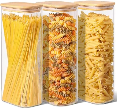 Pasta Containers Storage 2.2 Qt, Set of 3 Tall Glass Spaghetti Jar