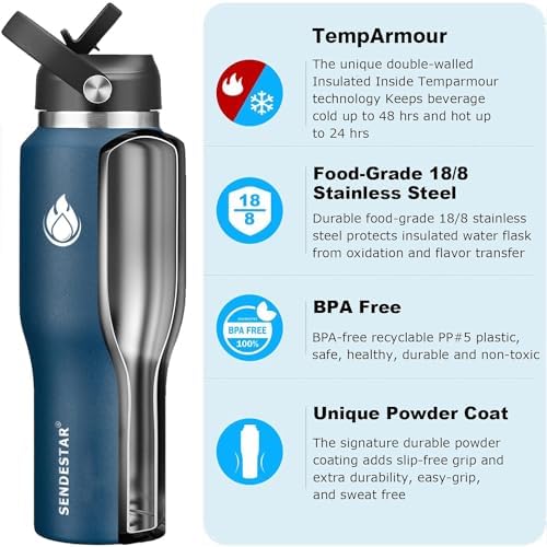 40oz Stainless Steel Water Bottle(Cold for 48 Hrs, Hot for 24 Hrs),Double Wall Vacuum Insulated Bottle with Straw Lid, Spout Lid and Flex Cap, Fit in Any Car Cup Holder，Navy