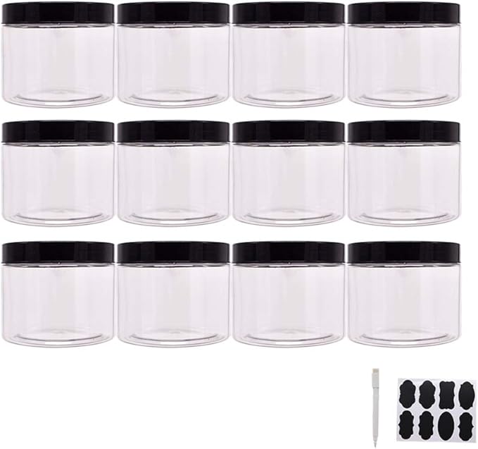 zmybcpack Plastic Jars With Lids, Extra Labels, 1 Pen, Clear PET Seal Jar for Food Storage, Wide Opening Storage jar For Dry Food, Peanut, Powder, Kitchen & Craft Storage (10oz (12pack))