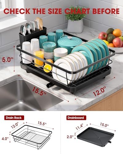 Stainless Steel Dish Drying Rack for Kitchen Counter, Sink Organization and Storage Essentials with Silverware & Utensil Holder, Home and Apartment Decor, 12''W x 15.5''L, Black