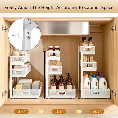 Under Sink Organizer, 2-Pack 3-tier Under Sink Storage Organizer Adjustable Height Easy Assembly Pull Out Cabinet Organizers Basket for Bathroom Kitchen Pantry Home Organization