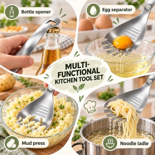 2Pcs 5 in 1 Multifunction Cooking Spoon,304 Stainless Steel Egg Slotted spoon,Kicthen Cooking Tools for Separate egg whites, grind ginger plate, mash potatoes, strain foods and open bottle caps