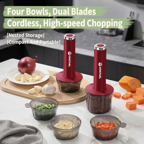 Electric Mini Food Processor Small, ASWETMEL 4-Cup Portable USB Small Food Processor, Garlic Mincer, for Dicing, Mincing, and Puree, Red - Image 3