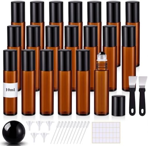 20 Pack Glass Roller Bottles for Essential Oils, 10ml, Black, Obsidian by Domensi
