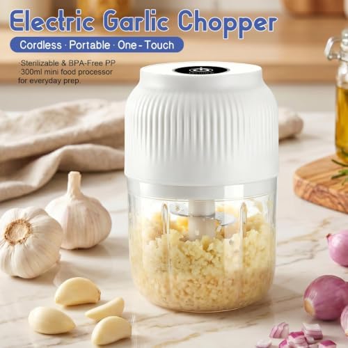 Electric Garlic Chopper, 2026 New Mini Food Processor & Food Chopper for Kitchen, Portable Cordless Garlic Mincer with 4 Stainless Steel Blades, Small Vegetable (300ML White) (White) - Image 3