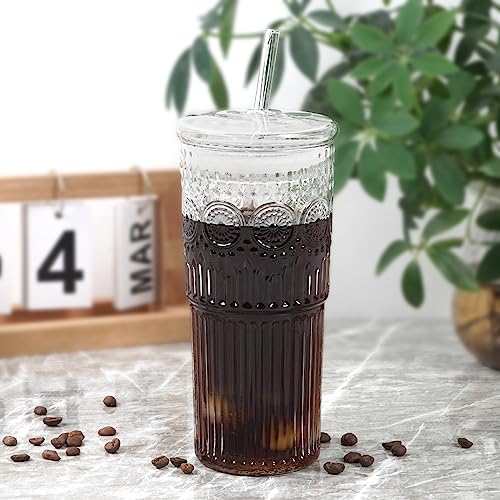 All Glass Iced Coffee Cup With Lids and Straws，24 OZ High Borosilicate Glass Tumbler for Water Smoothie Juice Drinks