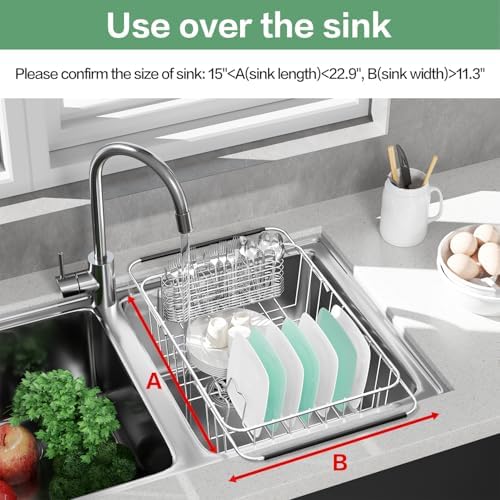 Large Dish Drainer Rack in Sink Adjustable, Expandable 304 Stainless Steel Metal Dish Drying Rack Organizer with Stainless Steel Utensil Holder Over Inside Sink Counter, Rustproof