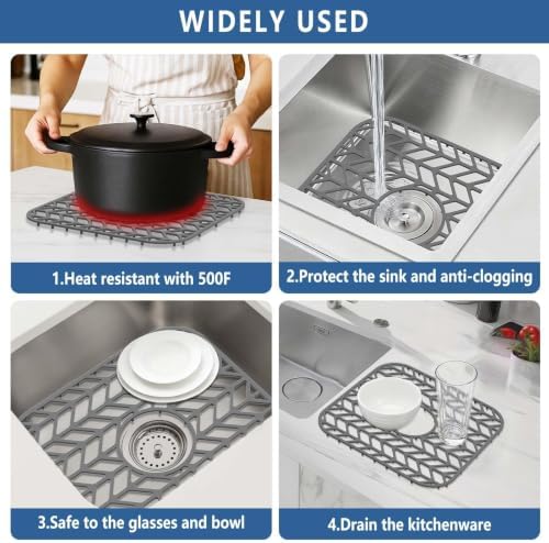 Silicone Sink Protectors for Kitchen Sink, 12" x 11" Mat for bottom of sink, Center Drain Hole, Protect from Stains, Scratches, Dishwasher Safe Grid for Kitchen (2 Pack, Gray)