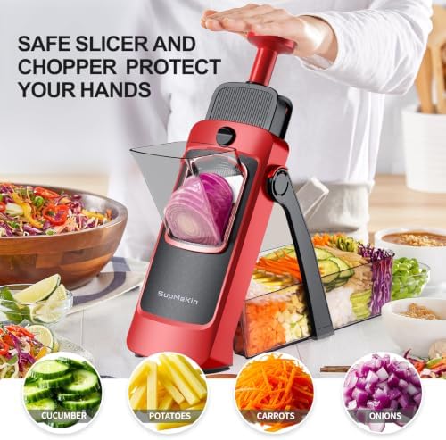 SupMaKin Safe Mandoline Slicer for Kitchen,Pptato Slicer, Vegetable Onion Chopper, French Fry Cutter, Adjustable Thickness, Julienne & Dicer Salad Chopping Artifact (4V RED) - Image 3
