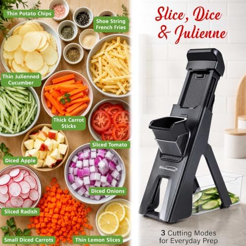Brentwood KA-5066BK 3-in-1 Safe Mandoline Slicer, Vegetable Chopper, Thick & Thin Julienne, Adjustable Thickness 0.5mm-8mm, Black - Image 3