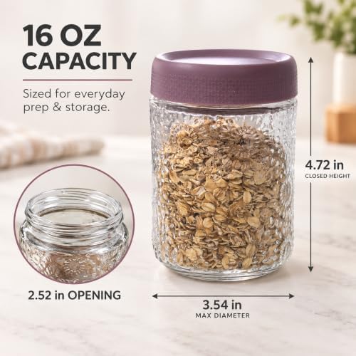 SunBloom 6 Pack 16 oz Sunflower Glass Overnight Oats Jars with Lids, Embossed Floral Food Storage Containers for Yogurt, Oatmeal, Salad, Coffee and Spices