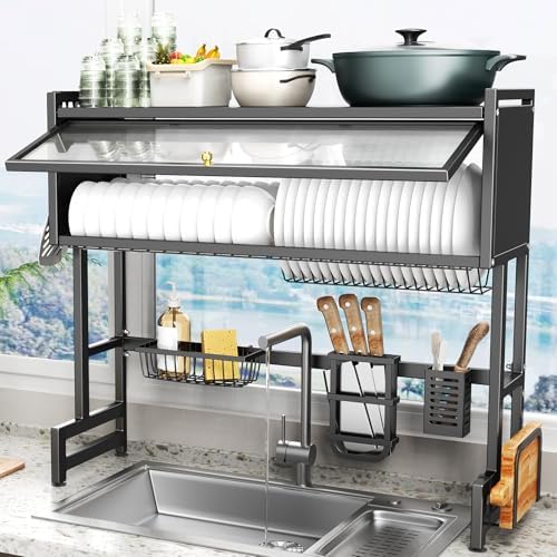 Over The Sink Dish Drainer Drying Rack 3 Tiers with Cover, Keep Kitchen Sink Shlef Organized Space-Saving Dish Drying Rack, Large Stainless Steel Sink Drying Rack for Dishes, Bowls, Cutlery (33.4"W)