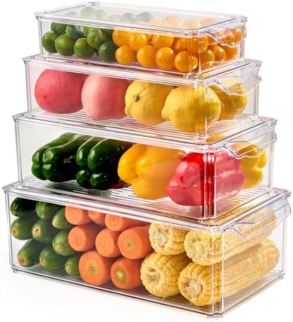 4 Piece Refrigerator Organizer Bins, Clear Fridge Organizers with Lids
