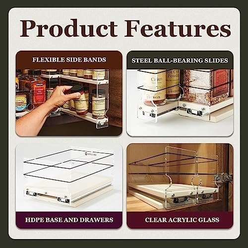 Cabinet Mounted Spice Rack Drawer - Pull Out Cabinet Organizer - Cupboard Organizers & Storage - Pantry Shelves - 30 Reg. Jars, 3 Drawers, 2 Tiers (6.9" W x 10.75" H x 10.6" D, Cream)
