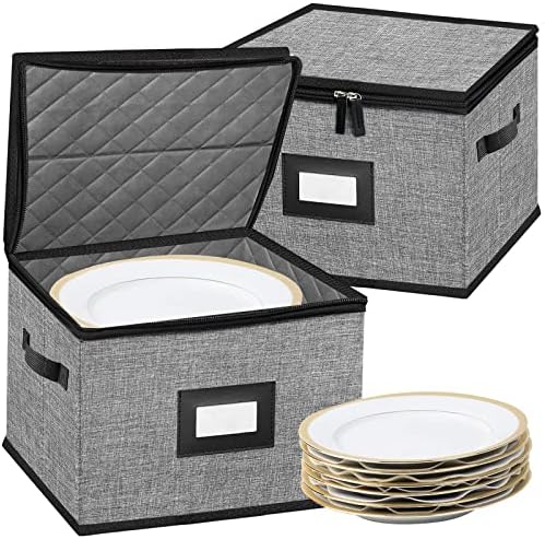 China Storage Containers-Quilted Dish Storage Containers with Lid Hard Shell for Moving Transport, Dinnerware Storage,Stackable Plate Storage,24 Felt Plate Dividers Included,2PACK 12*12*8in