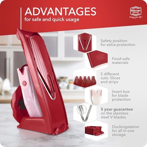 Mandoline Food Slicer Börner V1 (Profi Set) by Reston Lloyd • V-Slicer with 4 Inserts, Docking Station & Food Holder • Made in Germany • Fruit & Vegetable Chopper • Multiple Settings • Color: Red - Image 4