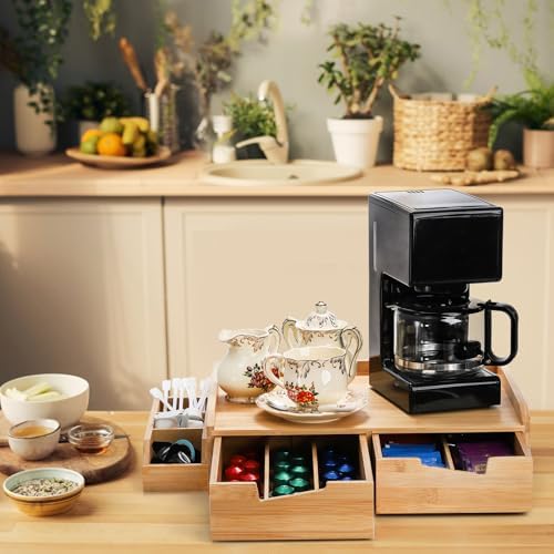 Bamboo 2 Drawer Coffee Pod Organizer with Side Box for K Cup Tea Bag