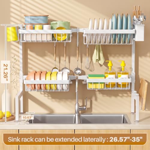4 Baskets 2-Tier Over The Sink Dish Drying Rack, 26.57"-35" White