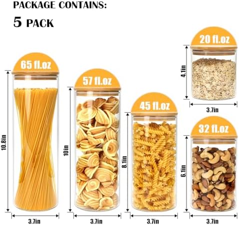 5 Pack Airtight Glass Jars with Bamboo Lids, Glass Food Storage Containers
