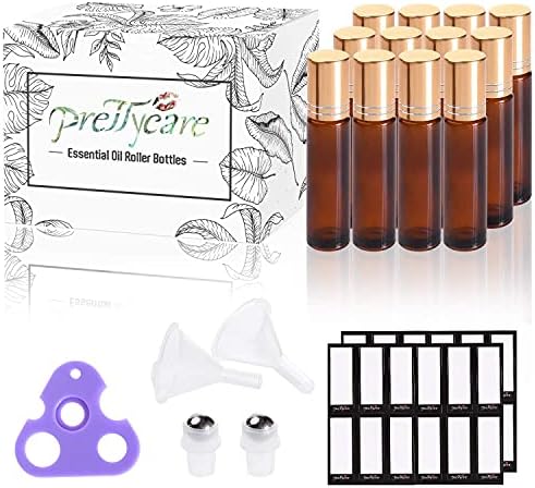 PrettyCare 12 Pack, 10 ml Essential Oil Roller Bottles with Stainless Steel Roller Ball - Refillable Leak-proof Empty Thick Amber Glass Roll on Bottles with Metal Caps for Travel, Perfume - Image 2