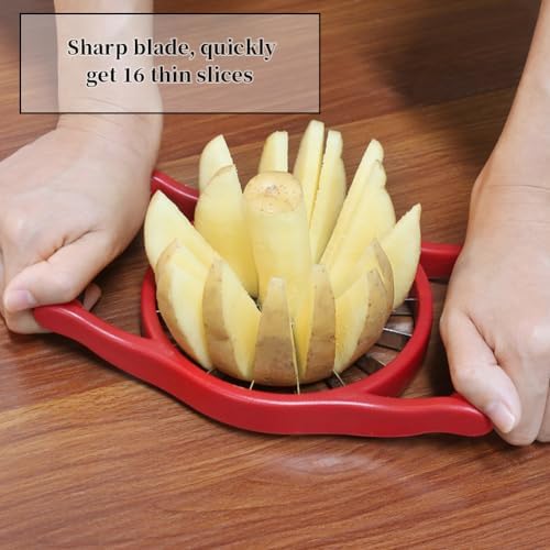 Newness 5.12 Inch Extra Large Apple Slicer, 16-Slice Heavy Duty Apple Cutter, Durable Apple Corer, Stainless Steel Apple Slicer and Corer - for Apple, Potato, Onion and More, Red