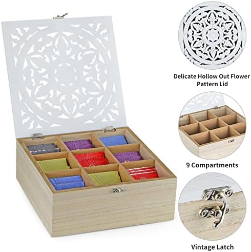 Wood Tea Bag Organizer, 9 Compartment Tea Storage Box with Floral Pattern Lid, Tea Holder Box for Cabinet, Pantry
