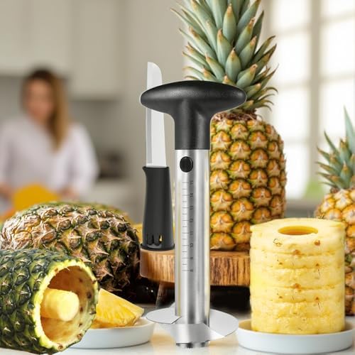 Pineapple Corer and Slicer with Measurement Marks – Stainless Steel Pineapple Cutter for Perfect Pineapple Rings & Effortless Cutting (Black)