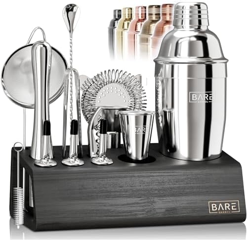 Mixology Bartender Kit Bar Set | 14-Piece Cocktail Shaker Set | Martini Barware Mixing Tools for Home Bartending | Incl. 35 Recipe Cards | Gift Set (24oz Cobbler Shaker, Silver/Black)