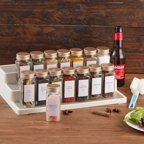 25 Pcs Spice Jars with Label- Glass Spice Jars with Gold Metal Caps