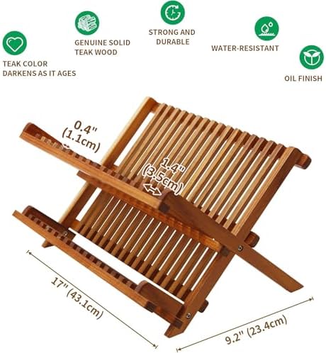 Teak Wood Dish Drying Rack, Foldable Plate Organizer Countertop