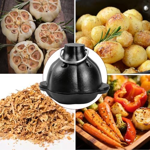 Cast Iron Garlic Roaster with Ring Handle and Cleaning Brush, Food Grade Garlic Baker for Oven and Outdoor Grill, Heavy Duty Roasting Pot for Gourmet Cooking and BBQ Enthusiasts