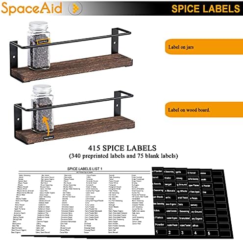 Spice Rack Organizer for Cabinet Door or Wall Mount (4 Pack) with 415 Spice Labels - Wood Hanging Seasoning Shelf for Cupboard Pantry or over the Stove