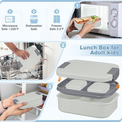 Bento Lunch Box Set with 10.5oz Soup Thermo Food Jar for Adults Kids, Stainless Steel Leak-proof Lunch Container with 4 Compartment, Coffee Tumbler with Lunch Bag for School Travel Office-Grey