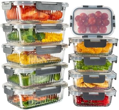 10 Pack Glass Meal Prep Containers, Food Storage Container Set - Grey