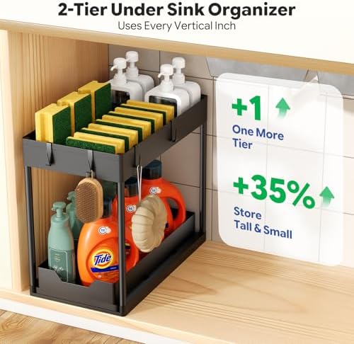 2 Pack 2-Tier Under Sink Organizers with Sliding Drawer, Black