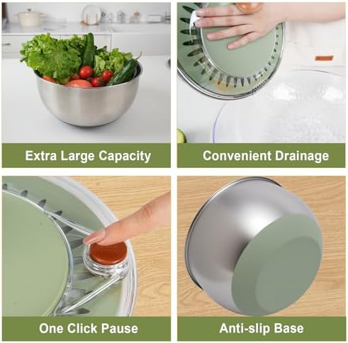 Stainless Steel Salad Spinner Large, Salad Washer Spinner and Dryer, Lettuce Cleaner Spinner, Vegetable Dryer, Fruit Washer with Dipping Saucers and Clip Dishwasher Safe, 5.3Qt - Image 5