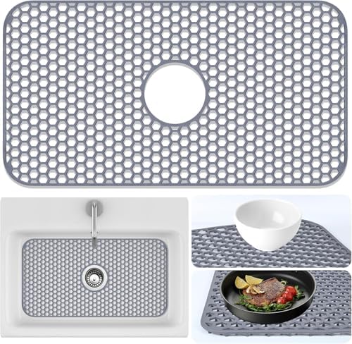 Sink Protectors Mat - 25.79"x13.98" Kitchen Sink Pad for Bottom of Basin for Protection of Stainless Steel and Tableware, Farmhouse Rubber Basin Mat Protector with Center Drain - Light Gray