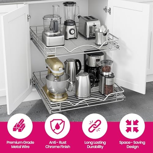2-Tier Pull-Out Cabinet Organizer for Kitchen, 15" W x 21”D x 16.5" H