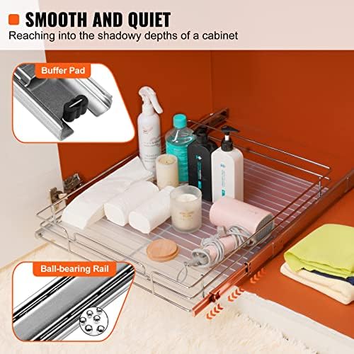 15.5" Wx21 Dx3.5 H Pull Out Cabinet Organizer, Heavy Duty Slide Out Pantry Shelves, Chrome-Plated Steel Roll Out Drawers, Storage for Home Under Sink, 17" Wx22 Dx7 H Install Size for Cabinet