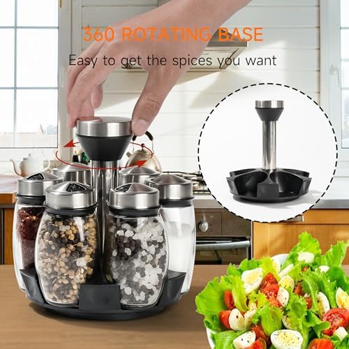 6 Pack Spinning Glass Spice Jars with Organizer Rack for Countertop